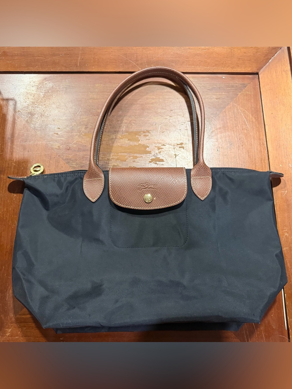 Longchamp Medium Le Pliage Black Nylon Tote Bag Brown Leather Handles & Flap